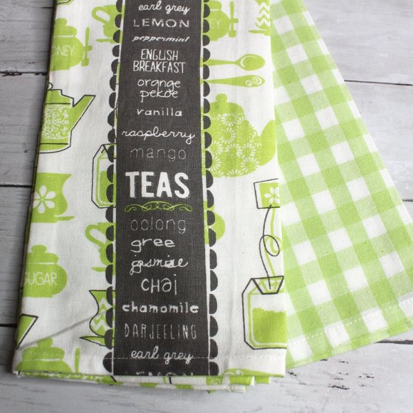 Living Quarters Kitchen Towel Set Green White Tea Pots 100% Cotton - Picture 5 of 6